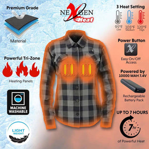 NexGen Heat plaid flannel shirt with three heat settings, rechargeable battery, and machine washable fabric