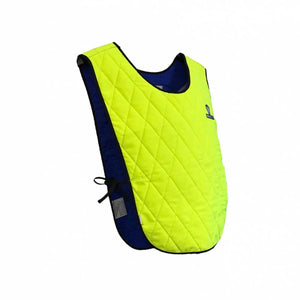 High visibility yellow quilted cooling vest with blue interior lining and side tie closures