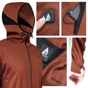 ActionHeat brown hooded heated jacket with battery power bank and thumbhole cuffs