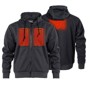 Mobile Warming black zip up hoodie showing front and back heating elements