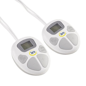Two white Serta electric blanket controllers with digital displays and heat and timer buttons