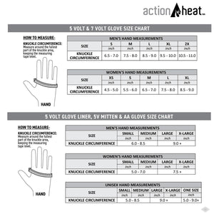 ActionHeat glove size chart showing knuckle circumference measurements for men women and unisex styles