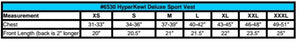 Size chart for HyperKewl Deluxe Sport Vest showing chest and front length measurements for sizes XS to XXXL
