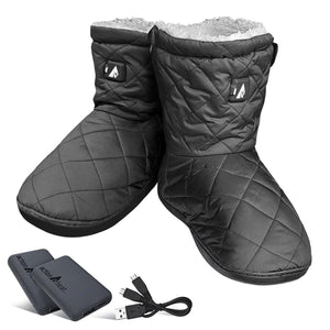 ActionHeat black quilted heated slippers with white faux fur lining power bank and charging cable