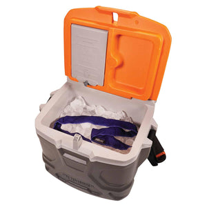 Open Ergodyne Chill-Its cooler with ice and a blue cooling towel inside