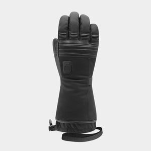 Black heated winter glove with adjustable wrist strap and power button