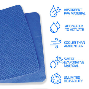 AlphaCool blue PVA cooling towel with infographic icons explaining material properties and activation instructions