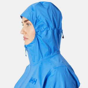 Side profile of a person wearing a blue Helly Hansen hooded rain jacket