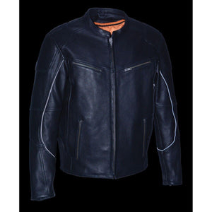 Black leather motorcycle jacket with orange interior lining and zippered pockets