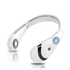 White wearable neck fan with Tennessee Titans logo and digital display