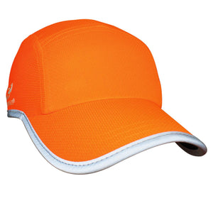 Bright orange high visibility baseball cap with reflective trim