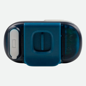 Blue and black electronic device with a belt clip and grey rubber port cover