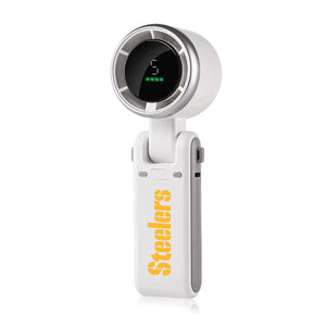 White handheld fan with digital display and Pittsburgh Steelers logo