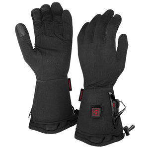 Pair of black Gerbing heated gloves with battery compartment and power button