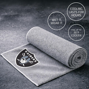 Las Vegas Raiders cooling towel with instructions to wet and wear for cooling relief