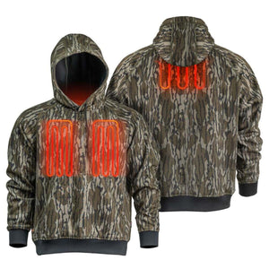 Mobile Warming camo hoodie showing front and back heating elements