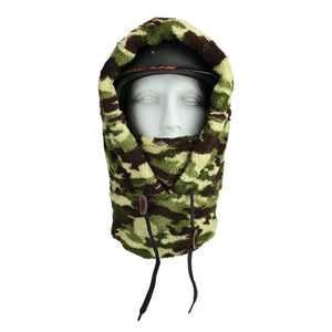 Seirus camo fleece hood with drawstring worn over a black helmet on a mannequin head
