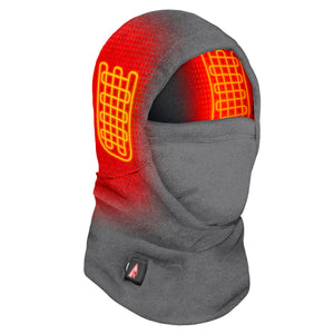 Grey heated balaclava with glowing red heating elements on the sides