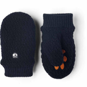 Hestra navy blue knit mittens with orange claw details