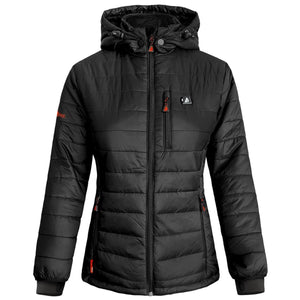 Black hooded heated jacket with front zipper and chest pocket