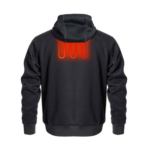 Back view of black Mobile Warming heated hoodie showing glowing red heating elements