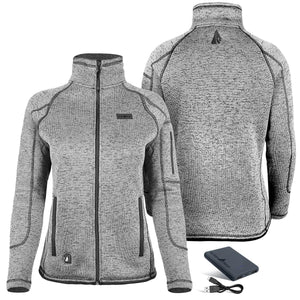 ActionHeat grey heathered fleece jacket with front and back views plus battery pack and charging cable