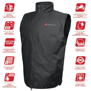 Gerbing black heated vest surrounded by feature icons including heating technology and machine washable
