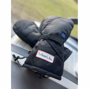 Volt Heat black heated mittens with adjustable wrist strap and brand logo patch