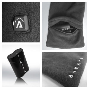 Aheata heated scarf showing power button battery compartment and branded fabric