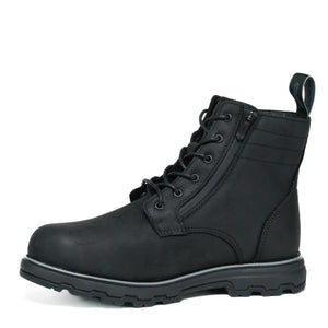 Black leather lace up boot with side zipper and lug sole