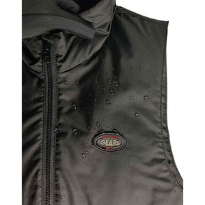 Black Gears branded vest with water droplets on the fabric surface