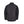 Back view of a black quilted jacket with a small yellow logo patch on the lower pocket