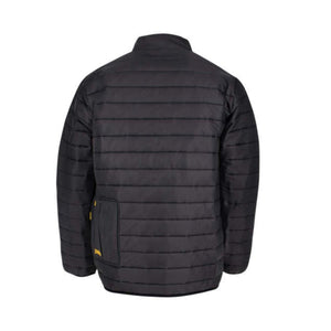 Back view of a black quilted jacket with a small yellow logo patch on the lower pocket