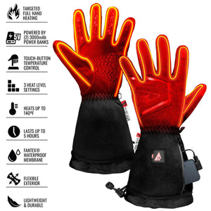 ActionHeat heated gloves with feature list including full hand heating, 5V power, and waterproof membrane