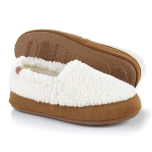 Acorn slipper with white fleece upper and tan suede trim