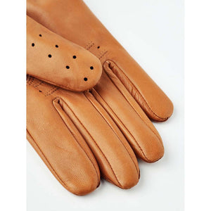Tan leather driving gloves with perforated knuckles