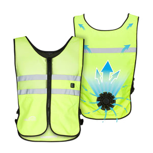 Neon yellow cooling vest with integrated fan and reflective strips