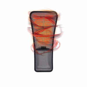 Black mesh heating pad with orange glowing heat coils