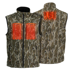 Mobile Warming camo heated vest showing front and back heating elements