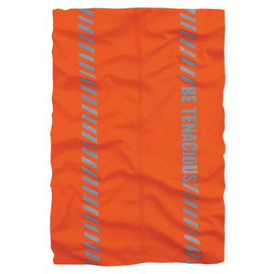 Orange neck gaiter with two vertical reflective stripes and Be Tenacious text