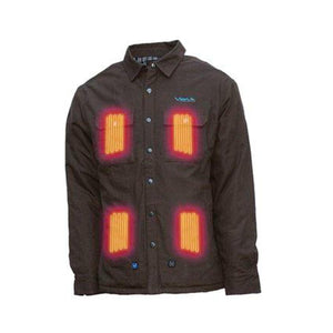Volt Heat brown button up shirt with four glowing red heating elements on the chest and waist