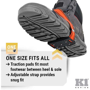 K1 Series traction pad attached to a work boot with an adjustable orange strap
