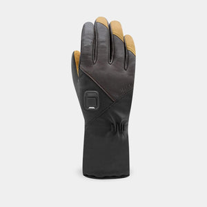 Racer brown and black leather glove with tan fingertip accents