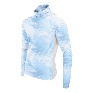 Long sleeve performance hoodie with blue and white water pattern