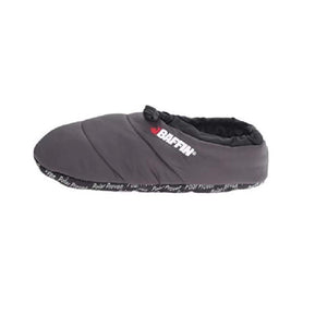 Grey Baffin quilted slipper with black trim and drawstring closure