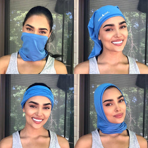 Woman demonstrating four different ways to wear a blue AlphaCool neck gaiter