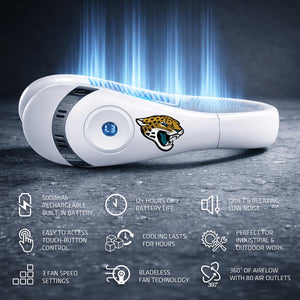 White bladeless neck fan with Jacksonville Jaguars logo and feature icons for battery life and airflow settings