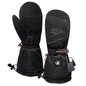 Pair of black ActionHeat heated mittens with battery pack and adjustable wrist strap