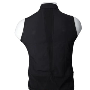 Back view of a black sleeveless athletic vest on a mannequin