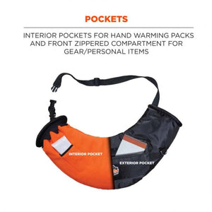 Hand muff showing interior pocket for warming packs and exterior zippered compartment for gear